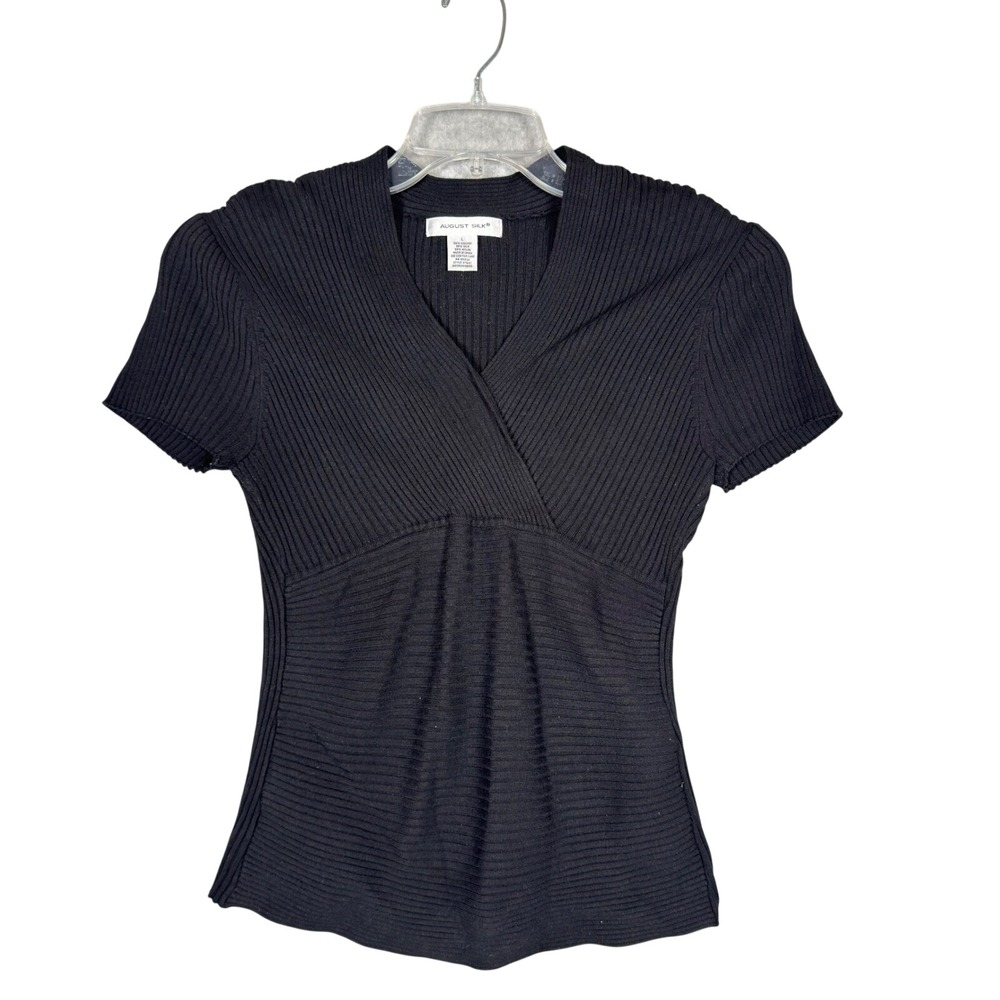 August Silk Blend Ribbed Knit V Neck Babydoll Top Short Sleeve Womens Sz L Y2K